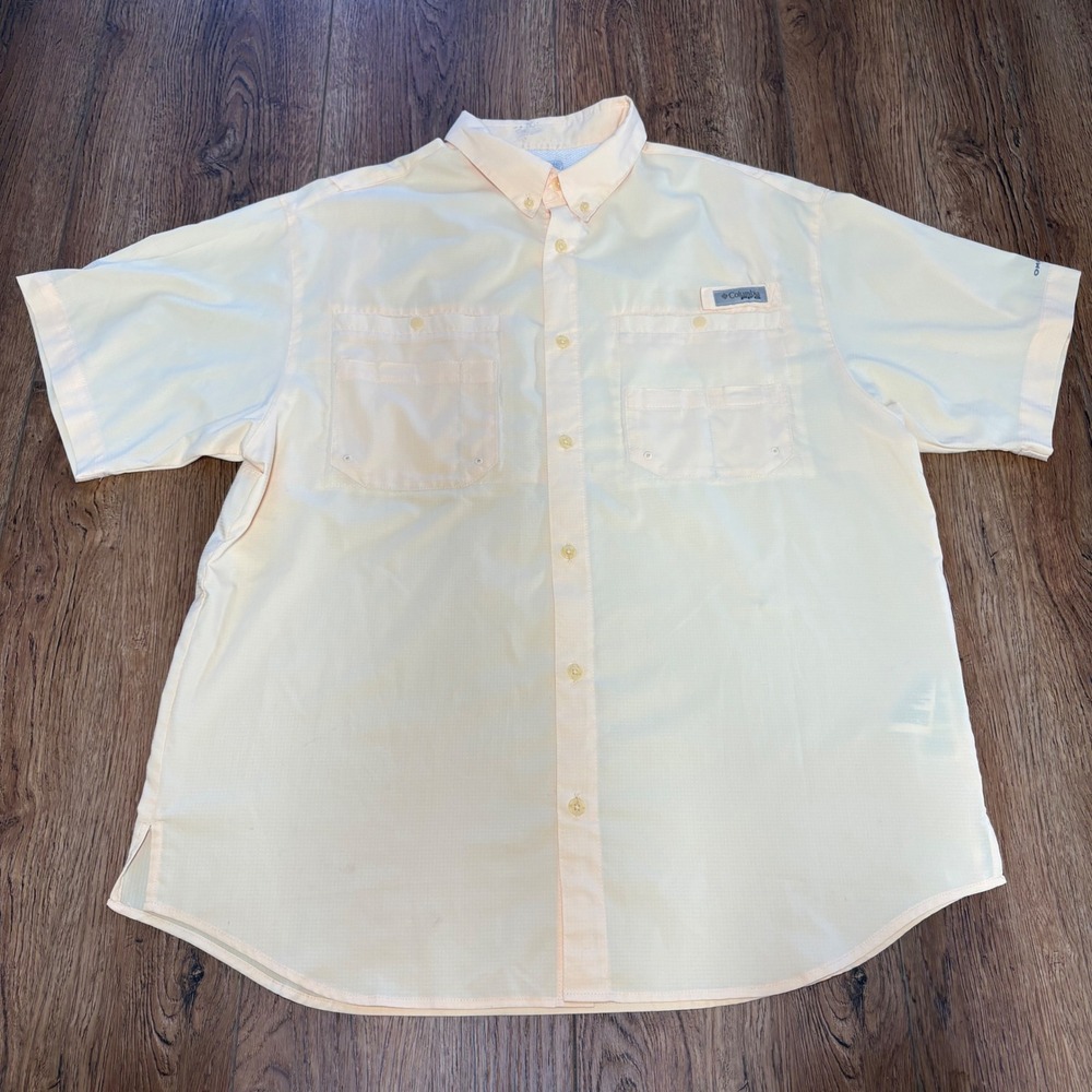 Columbia PFG yellow Omni-Shade Short Sleeve Fishing Shirt Mens L Utility Buttons